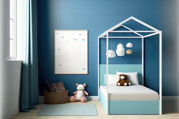 interior of a blue kids' bedroom with a frame. Generative AI