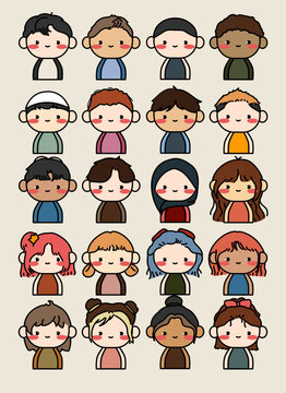 Teens and kids avatar collection. Cute children, boy's and girl's faces, Colorful user pic icons. Handdrawn-style cartoon illustration isolated on white background.