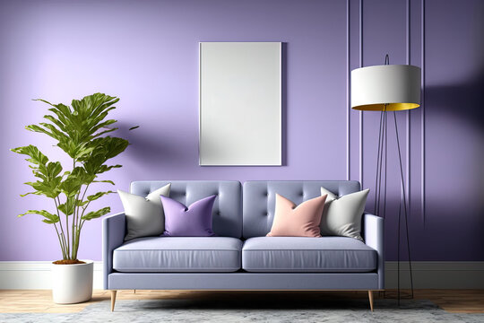 Living room mockup in vertical format. Walls and couch in lavender. Very on trend for 2022 with color. a sitting place. Generative AI