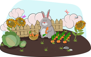 bunny collects carrots in the garden and puts it in a basket