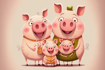 Pigs are part of a cute animal family in this artwork. Generative AI
