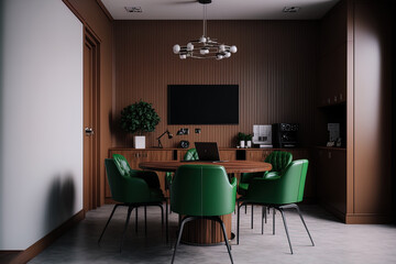 In a room, there is a brown table with green seats surrounding it. Generative AI