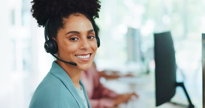 Black woman, call center and contact us with CRM and portrait in office with smile and professional in customer service or telemarketing. Customer support, female at desk with headphone microphone.