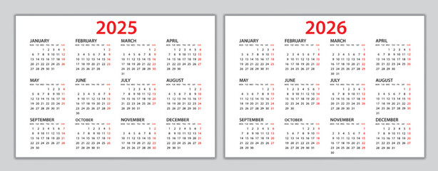Calendar 2025-2026 template, Planner 2025-2026 year, Wall calendar 2025-2026 template, Week Starts Monday, Set of 12 calendar, advertisement, printing, organization and business, stationery, simple