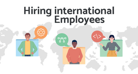 Hiring international employees flat vector banner template. Wideworld skilled team poster, leaflet printable color designs. Editable flyer page with text space. Catamaran Bold font used