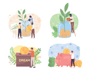 Financial goal achievement flat concept vector illustration set. Editable 2D cartoon characters on white for web design. Successful investment creative idea pack for website, mobile, presentation