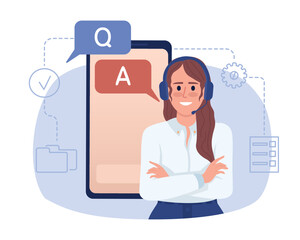 Providing excellent customer service 2D vector isolated illustration. Agent flat character on cartoon background. Colorful editable scene for mobile, website, presentation. Sniglet Regular font used