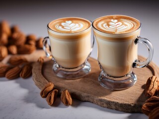 Cappuccino coffee in a beautiful glass on the table favorite cup of coffee concept.
