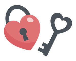 Heart shaped padlock with key, flat icon for valentine's day