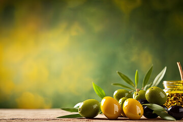 Food backdrop copy space with a green background and an abstract bokeh light of green olives, fruit, and leaves. Generative AI