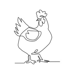 Continuous single one line art drawing of chicken rooster hen. Vector illustration of animal natural farming