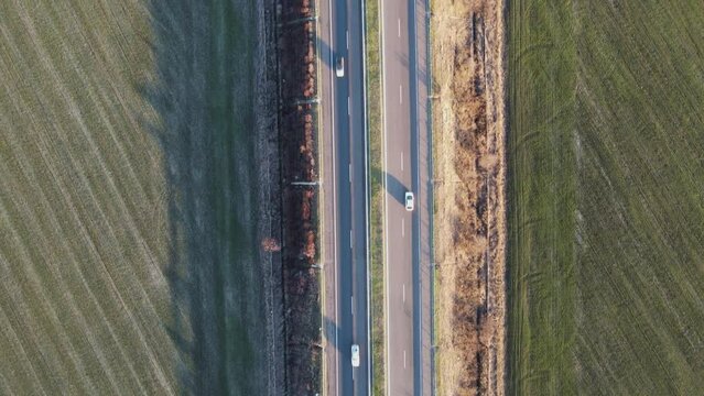 Aerial Sunset view of Rural land near Trakia (A1) motorway, Burgas Region, Bulgaria
