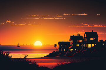 Fototapeta premium Overlooking a seaside town at sunset are house silhouettes. Generative AI