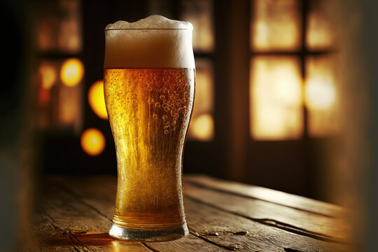 A glass of cold beer is placed on the wooden bar table with background of the pub interior with lighting bokeh. Generative Ai image.
