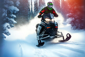 snowmobile in snow, extreme sport, Generative AI - obrazy, fototapety, plakaty