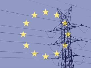 High voltage post or High voltage tower with Flag of the European Union.Energy concept