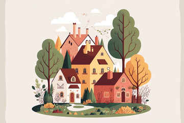 Illustration of a hand drawn flat village with buildings and trees. colorful, comfortable structures with chimney smoke. Residence, hamlet, or villa surrounded by vegetation. Generative AI
