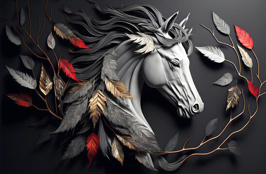 Mural wallpaper with colorful leaves and feathers. 3d rendering white horse in black, gray background. Generative Ai