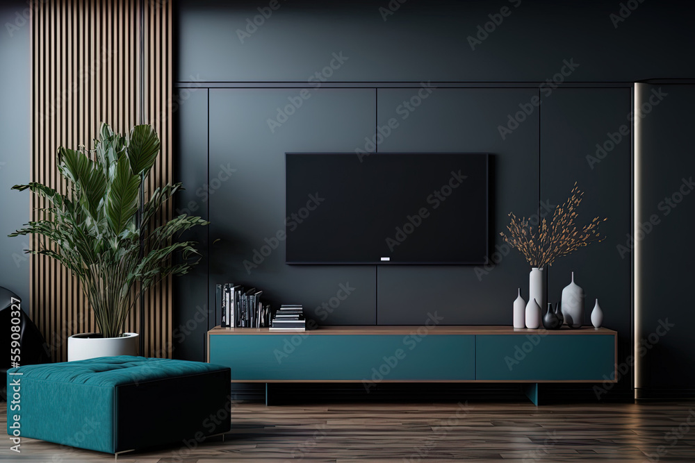 Canvas Prints Modern living area with wall mounted TV cabinet and furnishings against a background of black walls. Generative AI