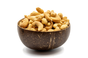 Cashew isolated on white background. Cashew in coconut bowl. Studio shoot. close up