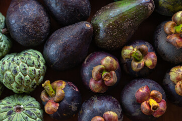 Set of Balinese fruits and vegetables . Flat lay