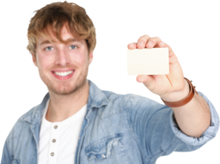 Man showing business card sign. Young casual happy smiling man holding blank empty business card. Caucasian male model in his 20s.