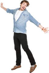 Man jumping excited in full body isolated in transparent PNG. Casual funny Caucasian guy in his twenties.