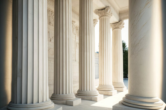 White marble pillars with traditional columns. Neoclassical Athens Greece Academy building colonnade. a row of classical pillars. Generative AI