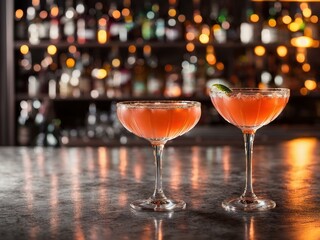 A variety of cocktails assortment served are placed on the counter bar in the restaurant on dark bar background. Classic drink menu concept. Copy space.  