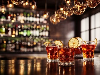 A variety of cocktails assortment served are placed on the counter bar in the restaurant on dark bar background. Classic drink menu concept. Copy space.  