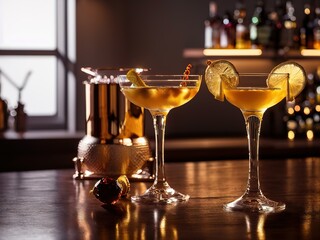 A variety of cocktails assortment served are placed on the counter bar in the restaurant on dark bar background. Classic drink menu concept. Copy space.  