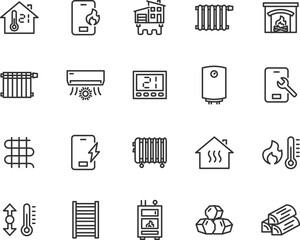 Vector set of house heating line icons. Contains icons boiler, heat supply, radiator, heater, underfloor heating, heated towel rail, solid fuel boiler, firewood, coal and more. Pixel perfect.
