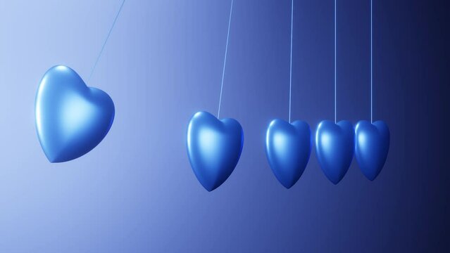 Blue Hearts in Newton's Cradle. Ideal for Valentine's Day, Wedding, Mother's Day, Marriage. Seamless Loop 4k Video