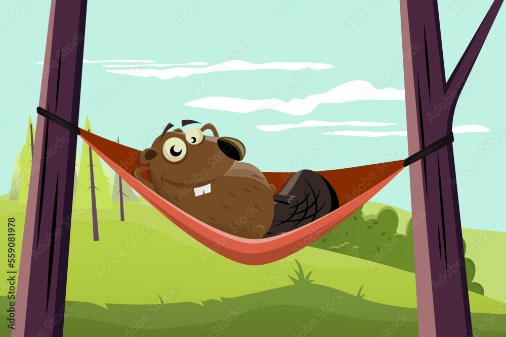 Wall mural funny cartoon beaver relaxing in a hammock