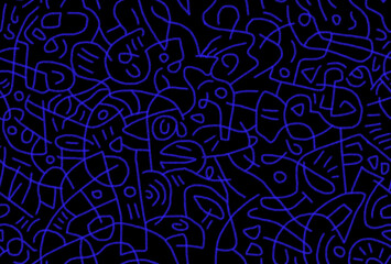 Doodles in blue lines on a black background.abstract drawing on a seamless background.