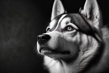 Beautiful Siberian Husky dog with dark backdrop and blue eyes. Banner. text room for copying. Using just black and white photos. Generative AI