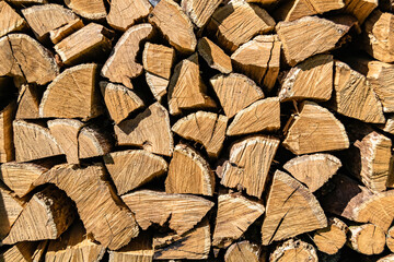Fototapeta premium Photography on theme big wall of stacked oak tree logs in cracks