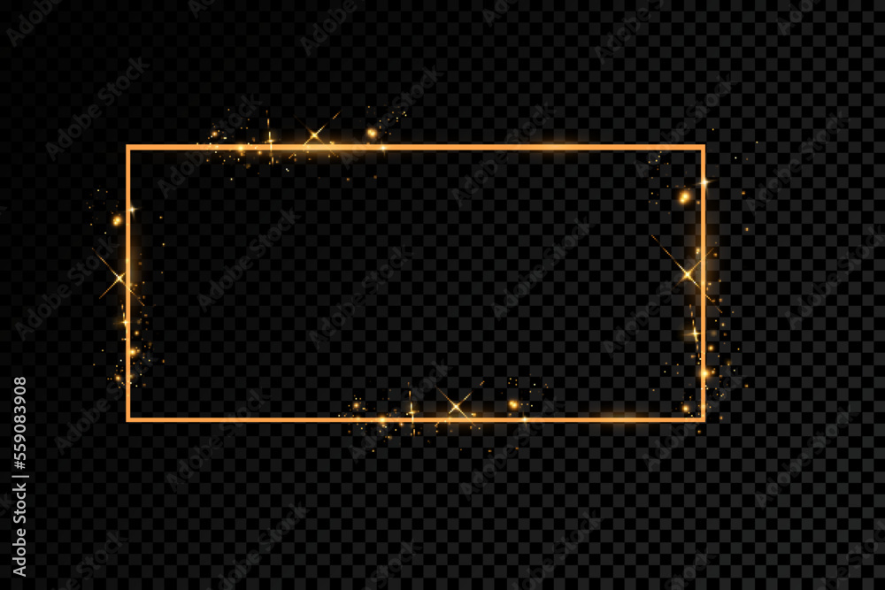 Poster golden frame with lights effects. shining rectangle banner. isolated on black transparent background