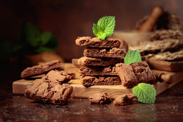 Brownie with mint on an old table with kitchen utensils.
