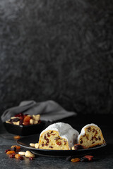 Traditional fruit cake for Christmas with raisins and nuts.