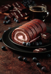 Chocolate roll cake with blueberries and a broken chocolate bar.