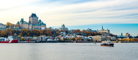 Fototapeta premium Skyline of Quebec City Old Town panoramic view in autumn. Saint Lawrence River. Quebec, Canada.