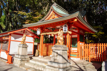 Kobe Japan Dec 6th 2022: the Ebisu shrine in Ikuta Shrine. There are one pair of stone statue Komainu. it is lion-like creature guarding the entrance or the honden. 