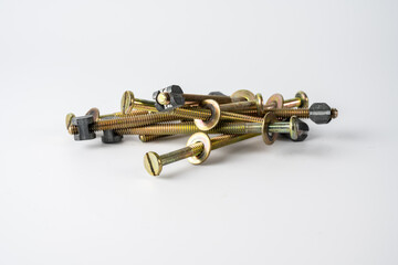 Self assembly flat pack furniture self assembly cam bolts and washers isolated on a white background