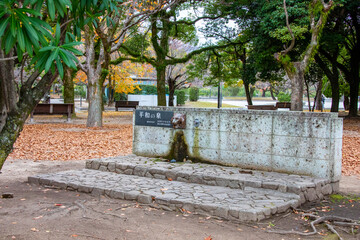 Hiroshima 4rh Dec 2022: The peace fountain in Hiroshima Peace Memorial Park.  It is dedicated to the legacy of Hiroshima as the first city in the world to suffer a nuclear attack at the end of WW2