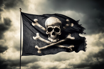 Fototapeta premium pirate flag jolly roger on a cloudy sky. Generative AI