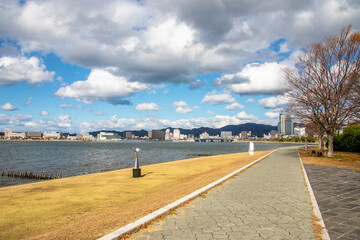 Matsue Japan 2nd Dec 2022: The of Matsue city by the Lake Shinji in front of Shimane Art Museum.  Famous location with very beautiful sunset view. 