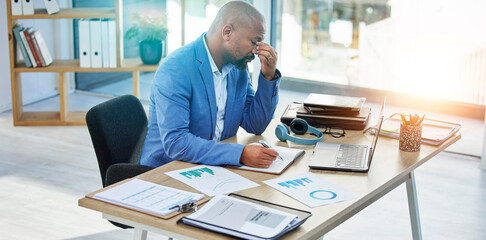 Burnout, laptop or corporate black man with headache in office with tax finance or company audit...