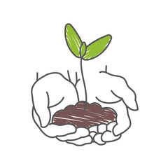 Hands with sprout. Agriculture sprout in hand. Growth of plants. Sketch hand drawn. Vector line. Editable outline stroke.