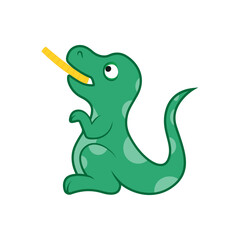 A cute dinosaur holds a gold coin in its teeth